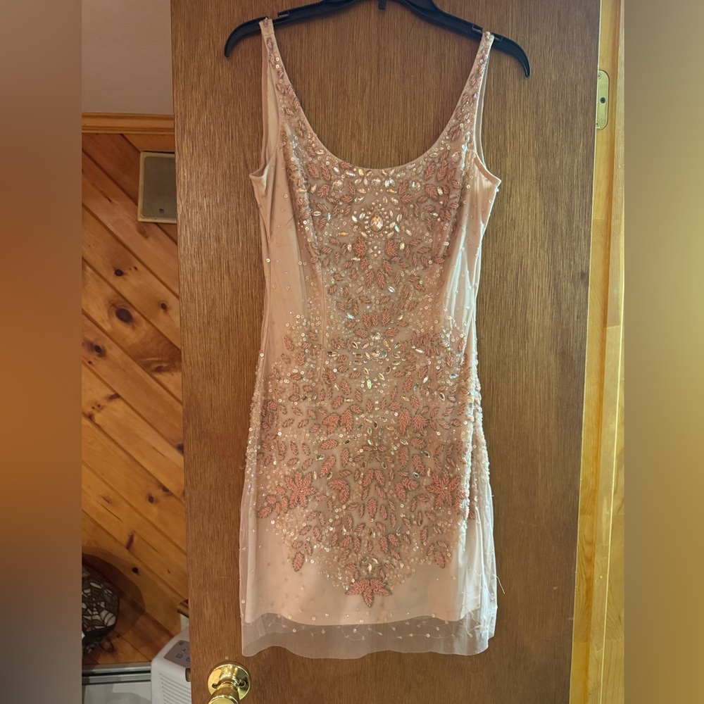 Adrianna Papell Beaded Cocktail Dress – Peach & Cream Embellished Sheath - Picture 2 of 3